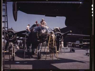 Employees on the “Sunshine” assembly line at North American’s plant put the finishing touches on another B-25 bomber, Inglewood, Calif.